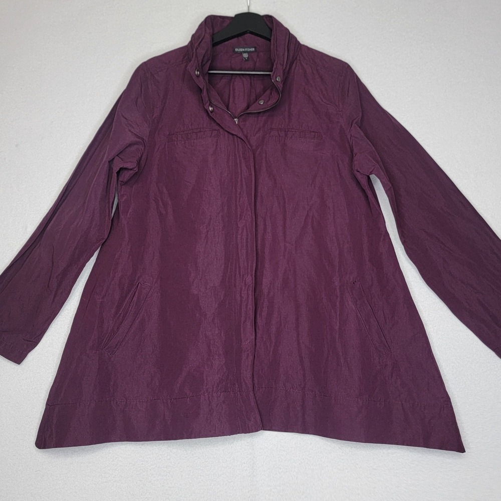 Eileen Fisher Womens Large Purple Cotton Blend Zip Up Hooded A-Line Jacket Coat